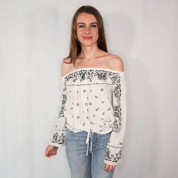 THEORY Off Shoulder Paisley Chiffon Blouse White - Picture 5 of 6